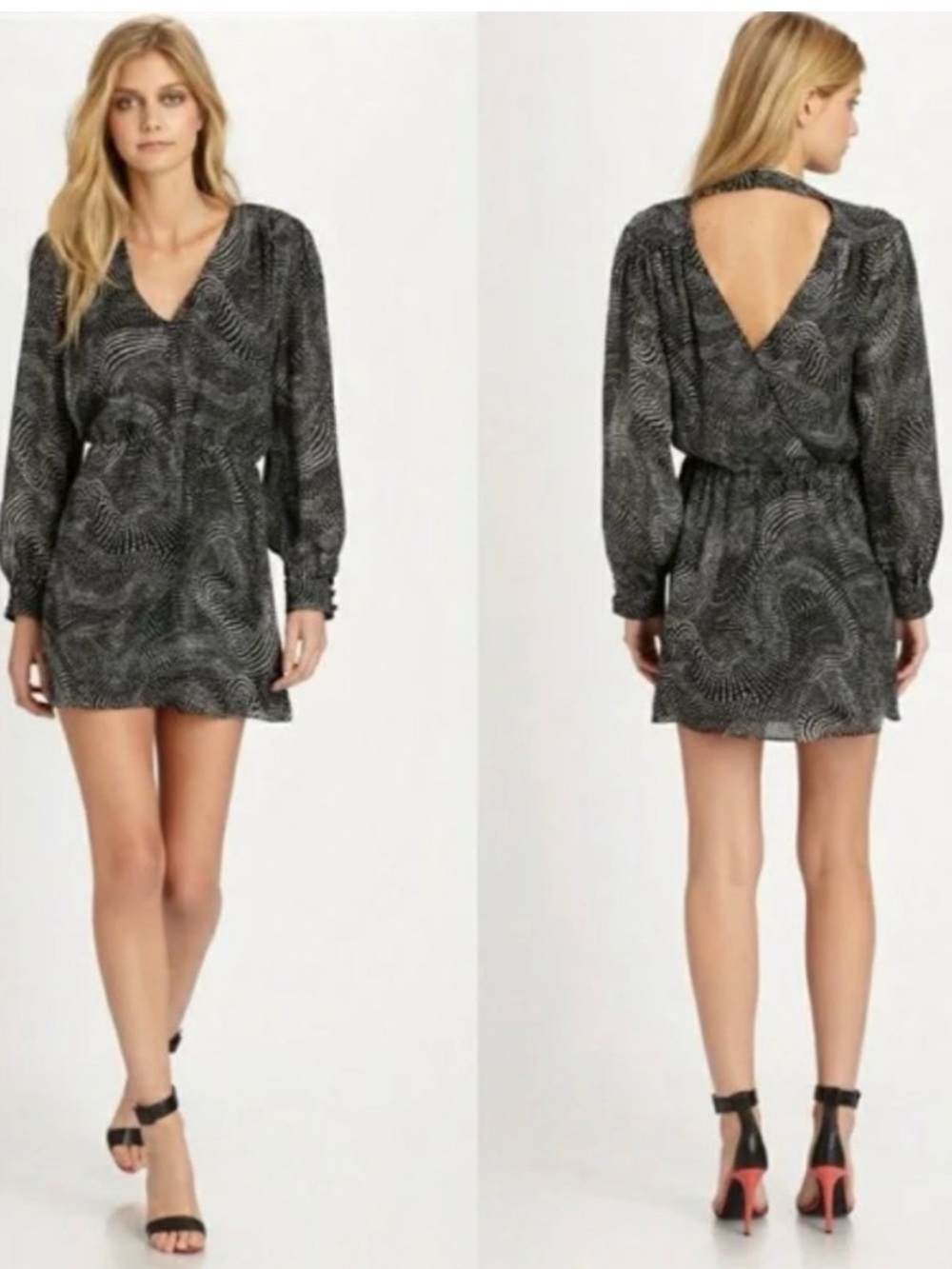 Parker Lila 100% Silk Deep V-Neck Open Back Black w/ White Dotted Mini Dress